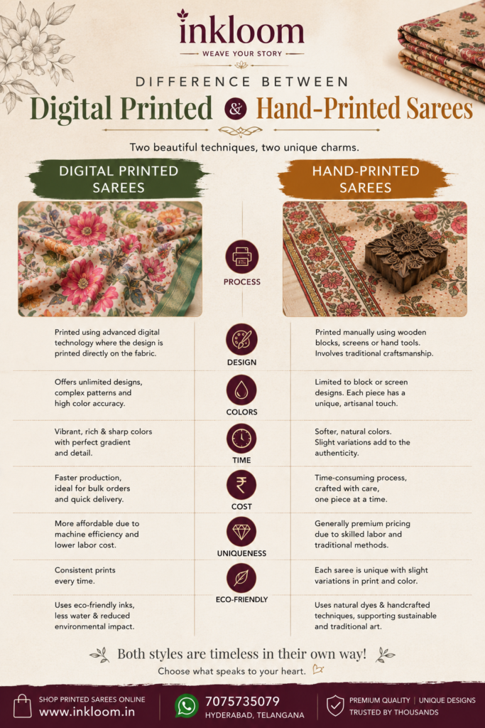 Difference between digital printed and hand-printed sarees