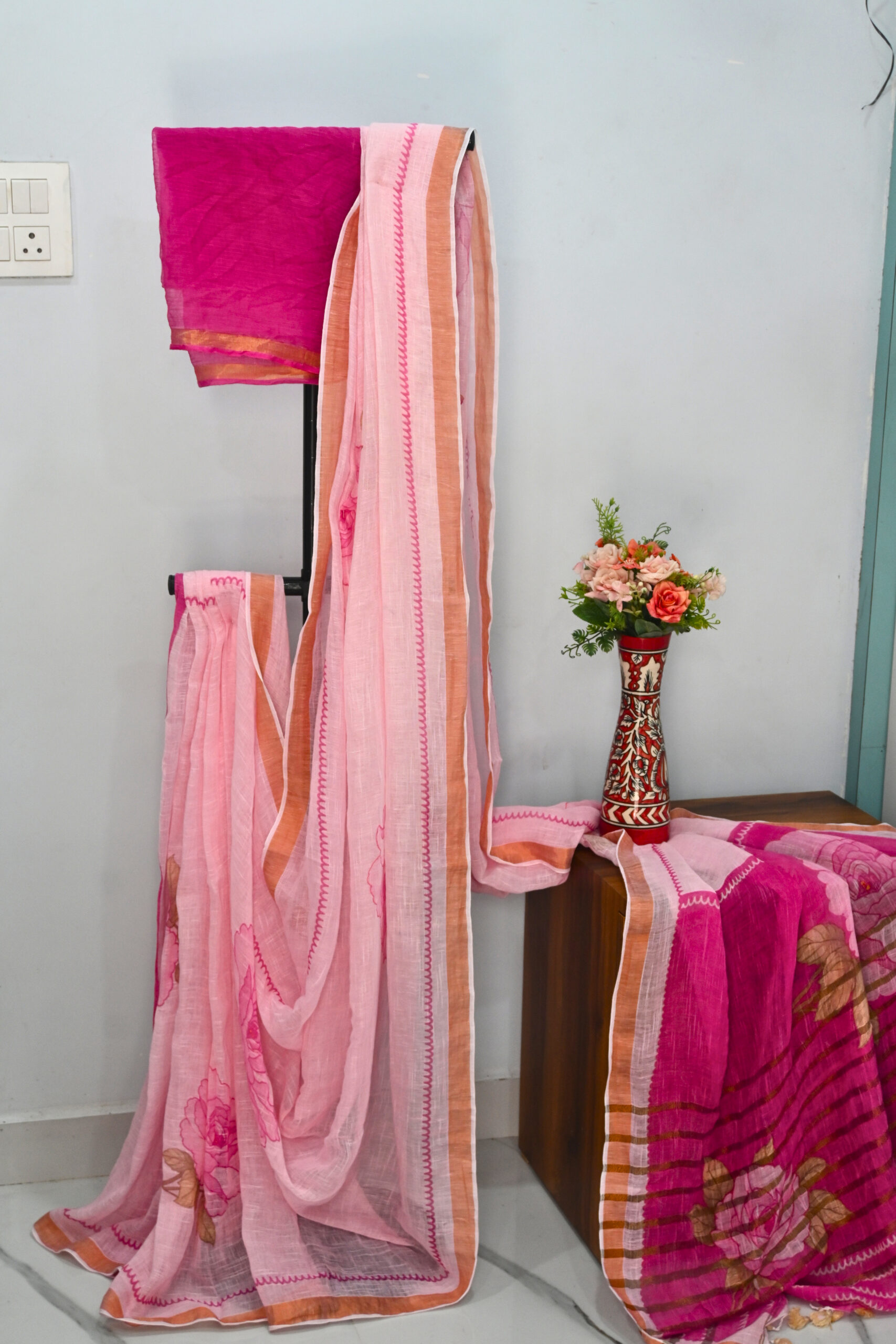 INKLOOM Blush petal saree| soft pink Floral Designer Saree