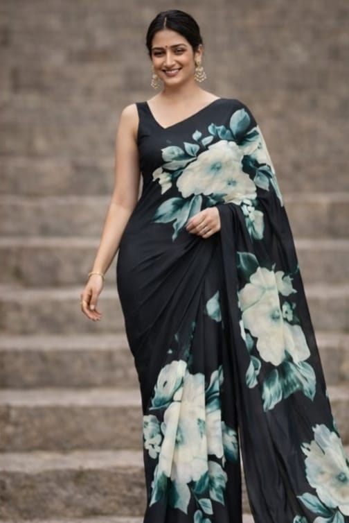 INKLOOM Midnight Bloom Black Floral Saree