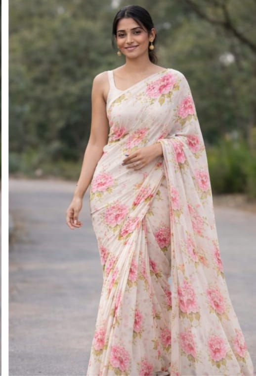 INKLOOM Soft Cream Floral Print Saree