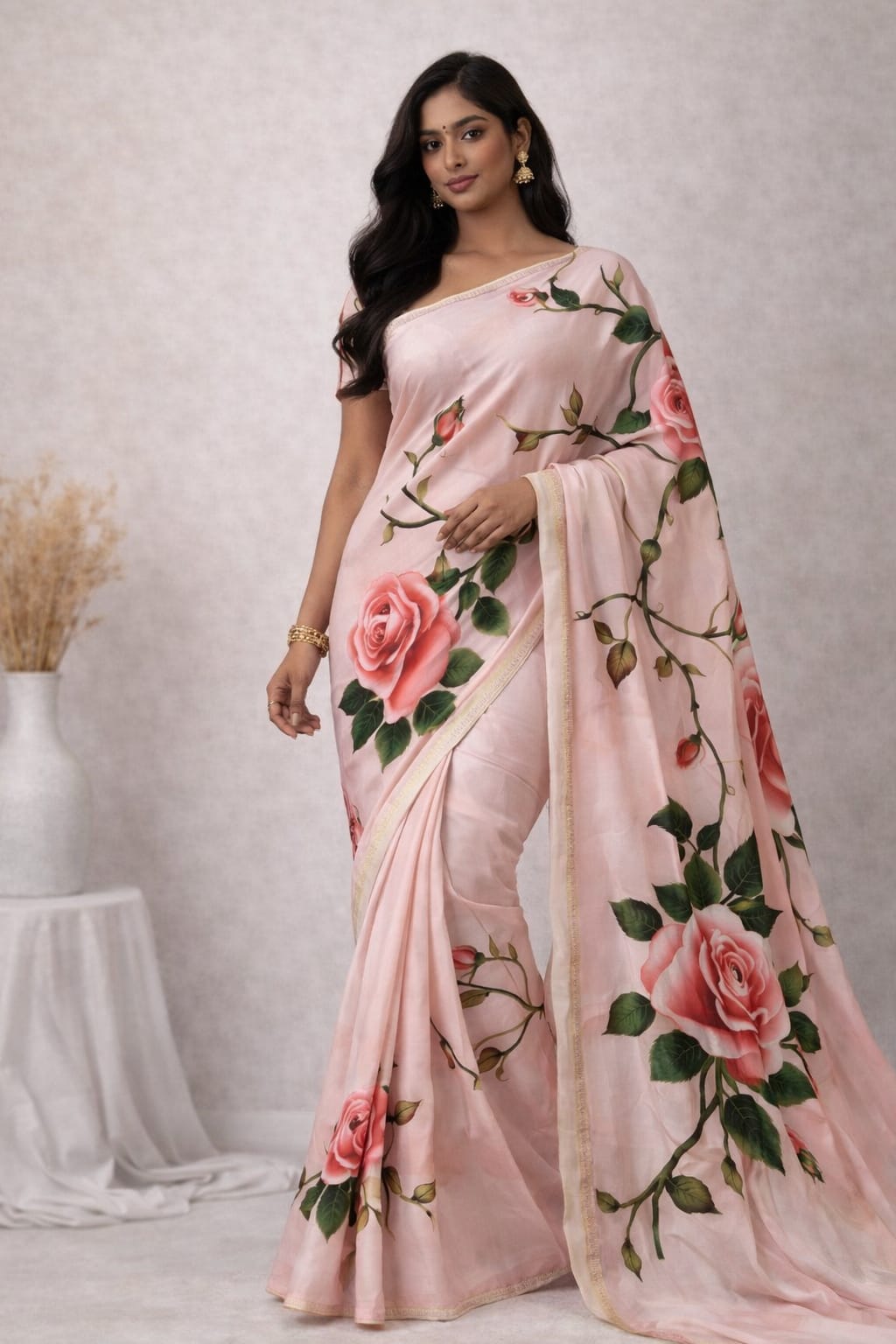 INKLOOM Blush Rose Saree| Pink Floral Designer Saree