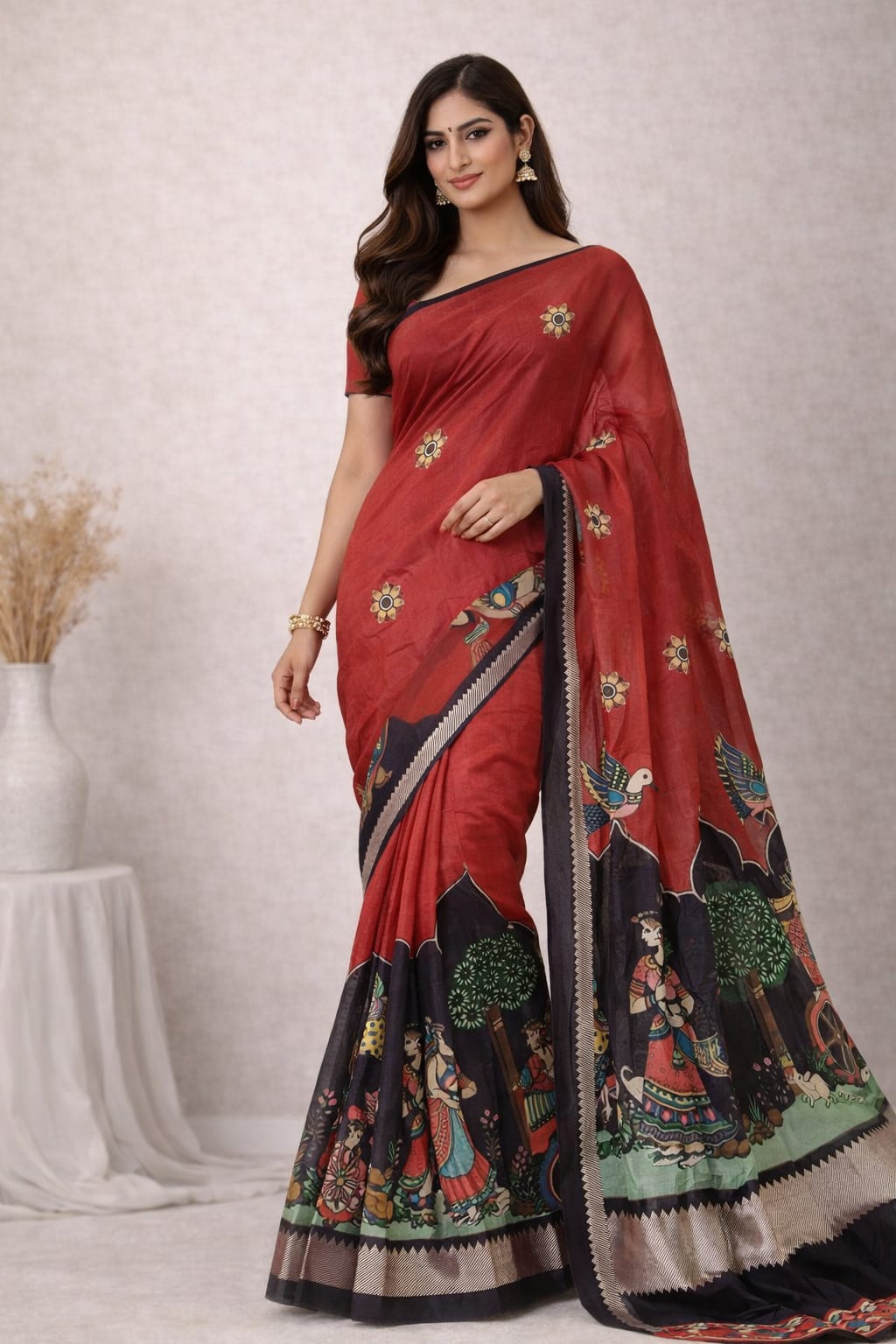 INKLOOM Scarlet heritage saree| Red Artistic Border Designer Saree