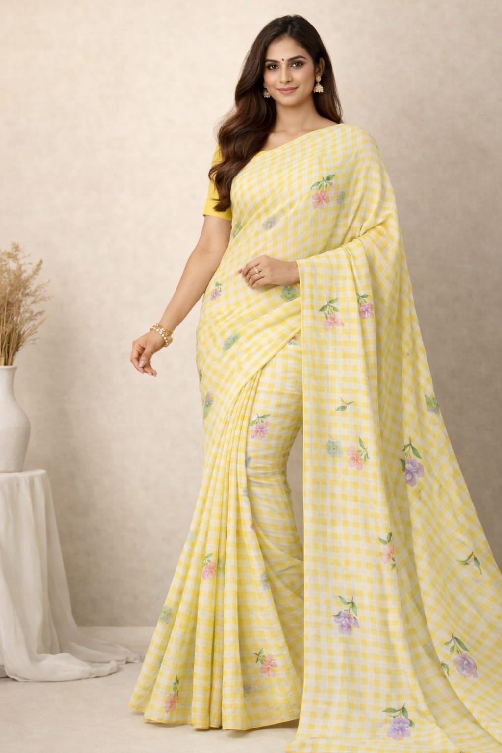 Sunlit Bloom Checked Saree